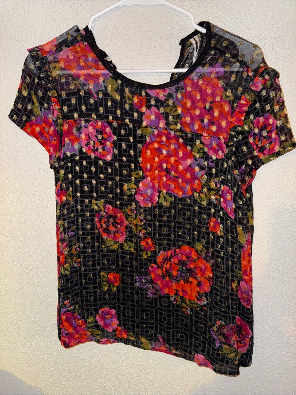Anthropologie Black Short-Sleeve Mesh Top with Pink & Red Floral Print